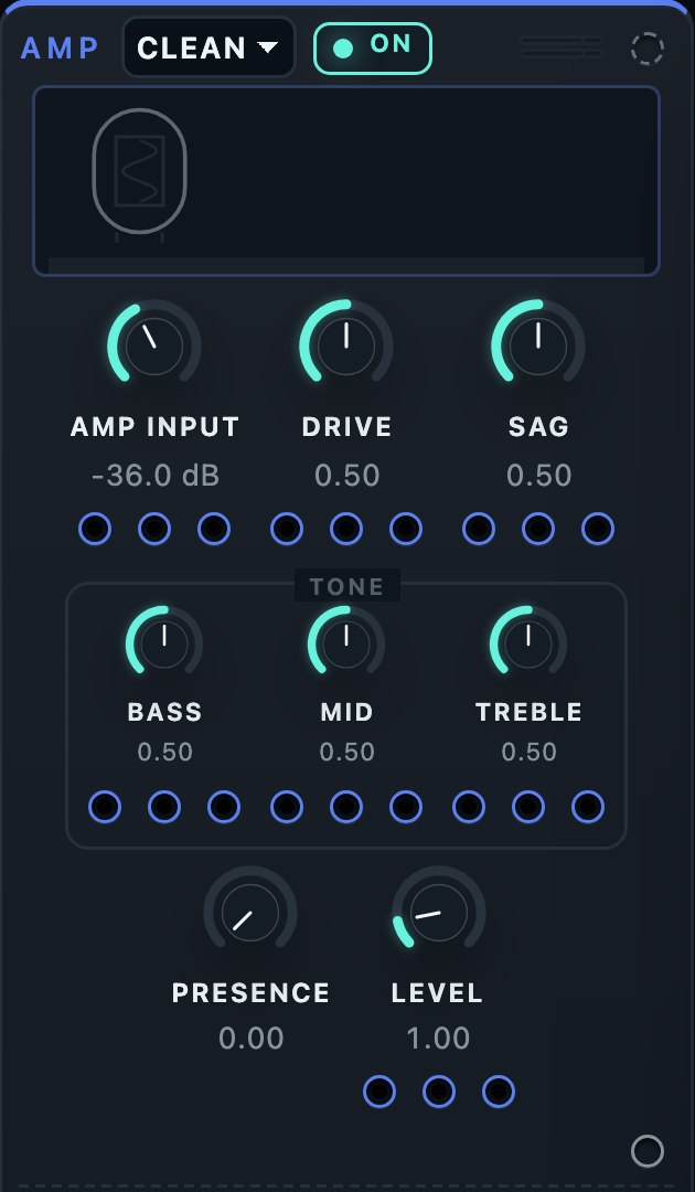 Amp module set to Clean with Amp Input, Drive, Sag, Bass, Mid, Treble, Presence, and Level