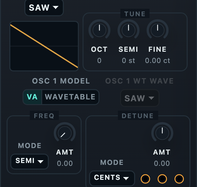 Osc 1 tuning: Tune Oct/Semi/Fine, Freq mode Semi with amount, Detune mode Cents with amount and three modulation sockets