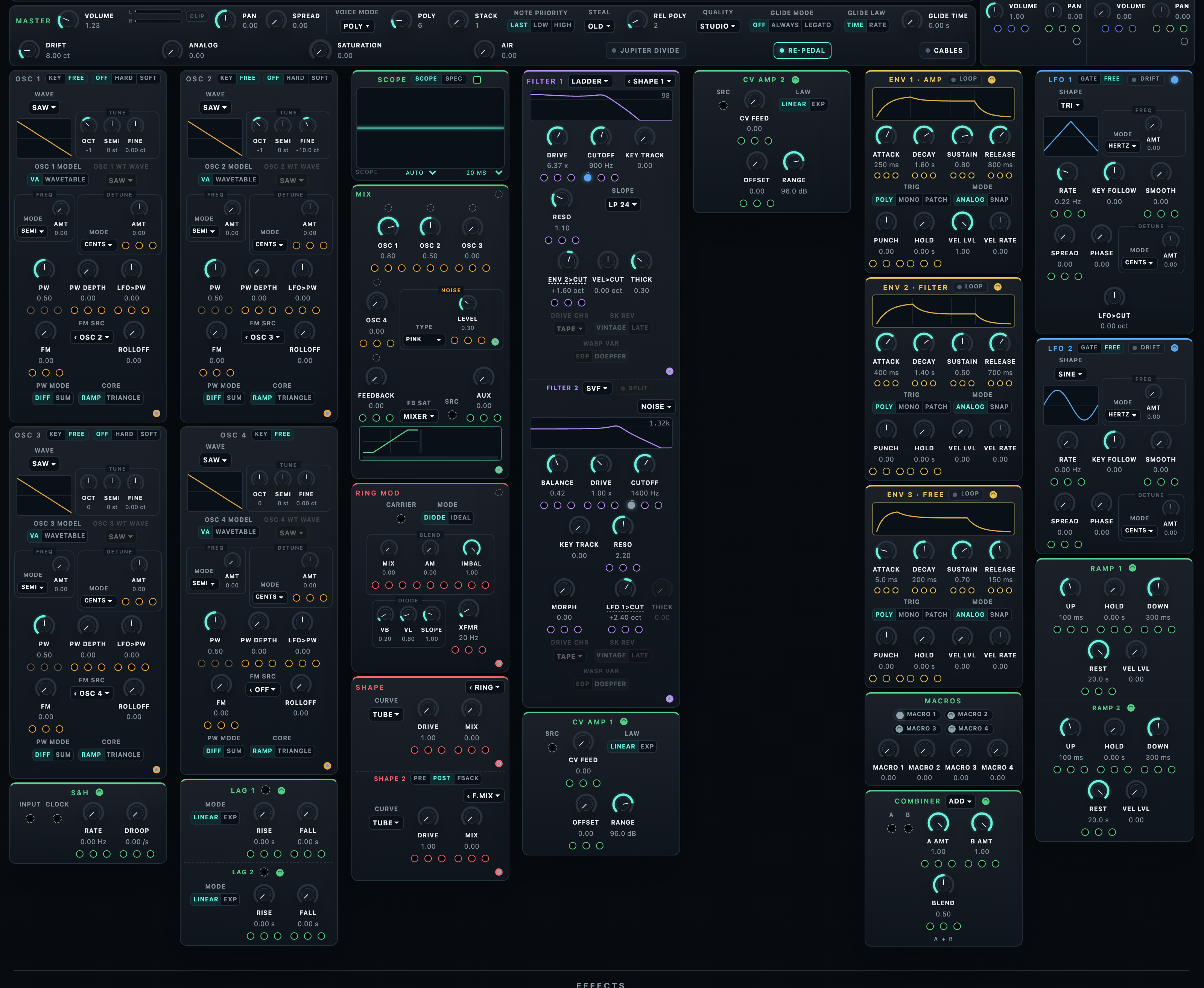 The Luxium Voice page in cable view with a patched factory preset loaded